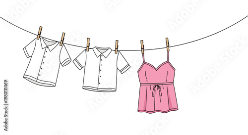 Two crisp white shirts and a vibrant pink camisole hang side by side on a wire clothesline against a stark white backdrop with soft ambient lighting.