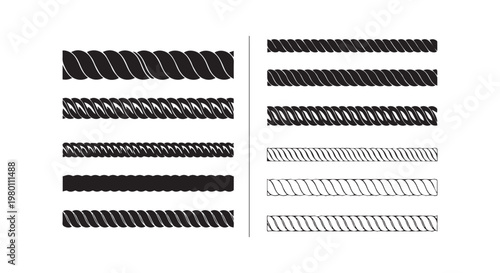 Variety of rope borders and marine twine textures for nautical frame design and industrial construction rope vector graphics.