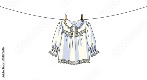 A pristine white lace blouse hangs neatly from a thin wire clothesline against a clean white background with soft natural lighting and neutral tones.