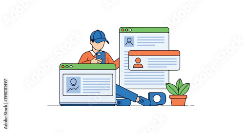 A simple flat vector illustration of a digital marketer developing a social media campaign on a smartphone and laptop, with minimal shapes on a plain white background.