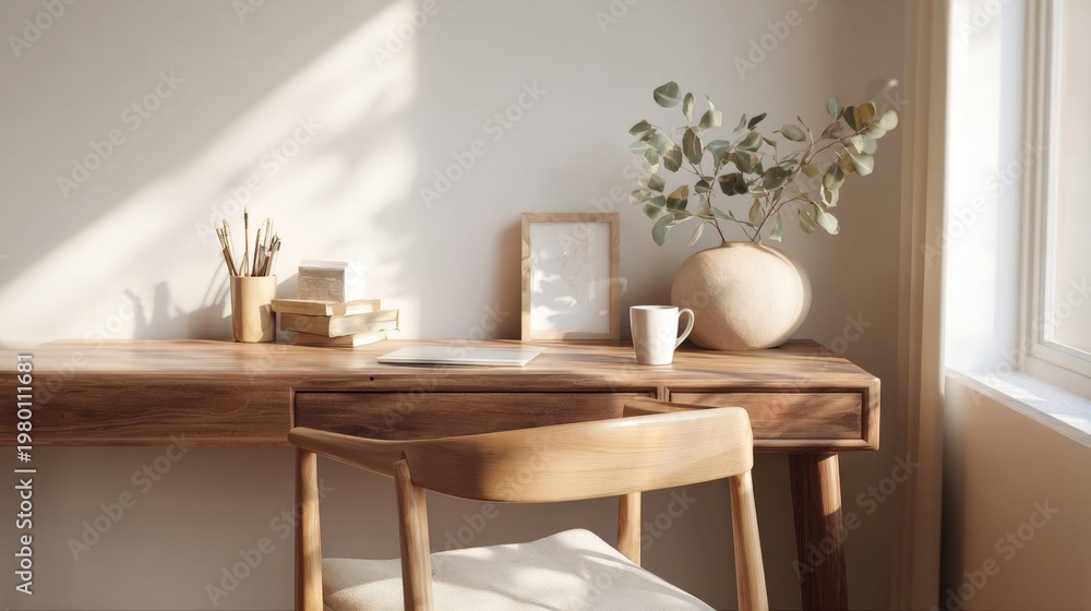 Fototapeta premium Wooden desk in a corner of a room with a window on the right side. the desk is made of light-colored wood and has a small drawer on the left side.