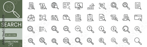 Search and inspection line icons set featuring financial audit security protection data analysis health monitoring and global discovery vector illustration with editable stroke.