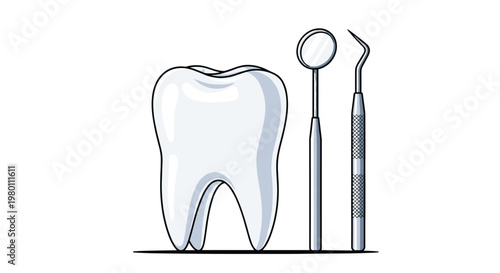 A large white molar tooth stands beside a professional dental mirror and a sharp metal probe on a clean white background with soft blue-toned lighting.