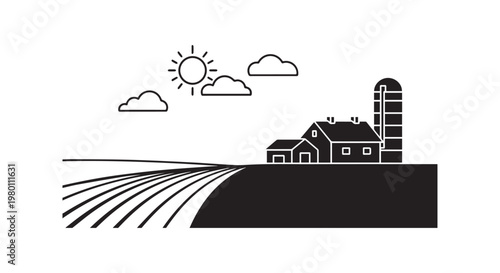 Farm landscape with silo, houses, fields, sun and clouds, rural scene for agriculture and country life.