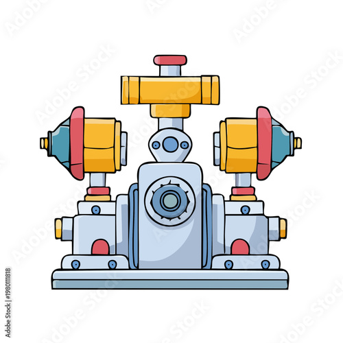 Stylized illustration of a complex mechanical device with gears, levers, and valves