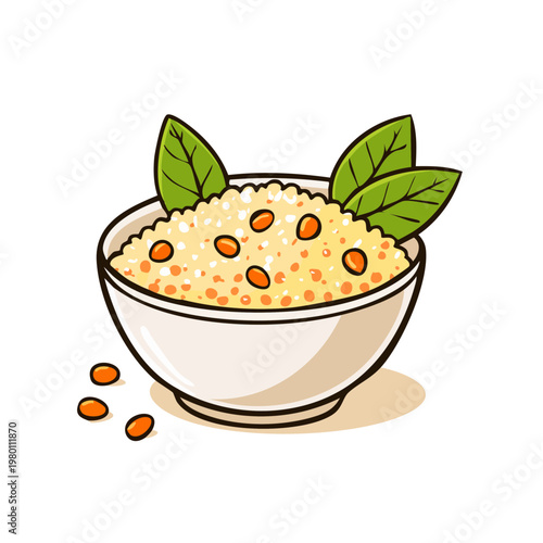 Bowl of tasty porridge with green leaves and scattered grains a healthy breakfast illustration