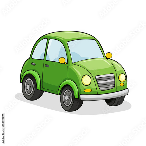Cute green cartoon car with round headlights and side mirrors for transportation and travel