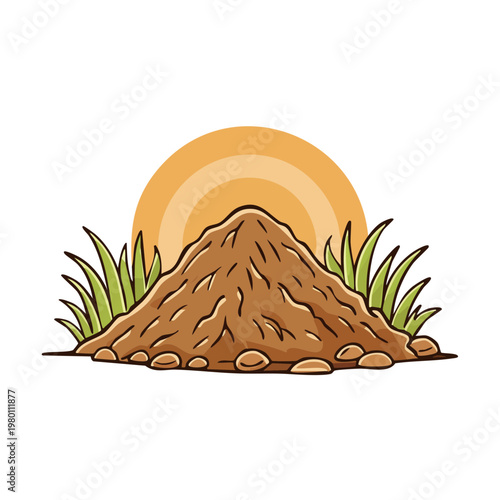 Ant hill with grass and setting sun illustration