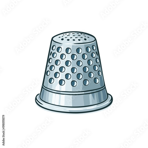 Illustration of a metal thimble with circular pattern, sewing tool