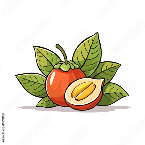 Ripe Tamarillo Fruit with Leaves Isolated on White Background Illustration