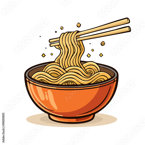 Delicious Noodles Being Lifted From Orange Bowl With Chopsticks Asian Cuisine