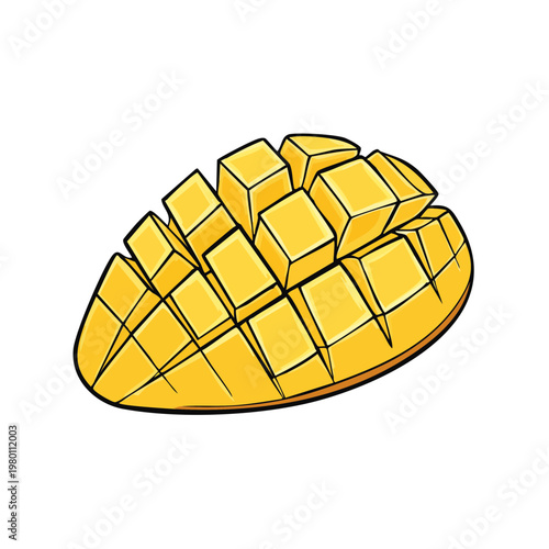 Illustration of a ripe yellow mango cut into bite sized cubes on a white background