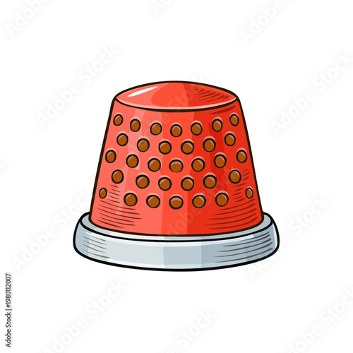 Red sewing thimble with textured holes for protecting fingers during needlework