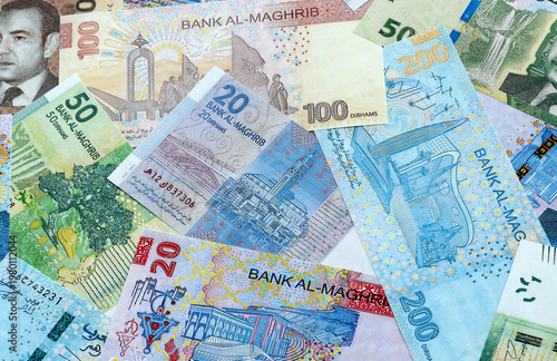 Wallpaper Mural Moroccan dirham money banknotes pile on table. Morocco bills of MAD currency close up Torontodigital.ca