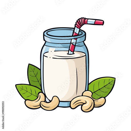 Refreshing dairy free cashew milk drink in a glass jar with cashew nuts and leaves