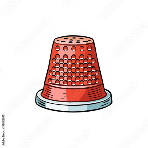 Close up of a red sewing thimble with many small holes and a silver base