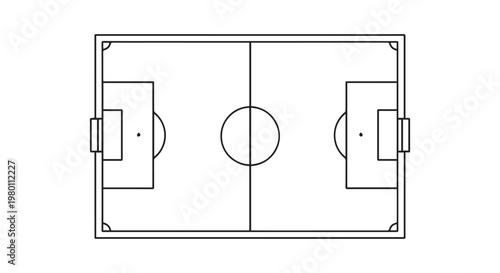 Soccer field layout diagram with goal areas penalty box center circle and corner marks for sports game tactics and planning.