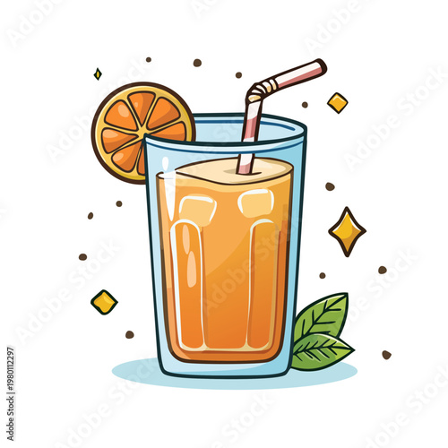 Refreshing orange juice in a tall glass with ice and a slice of citrus garnished with mint leaves