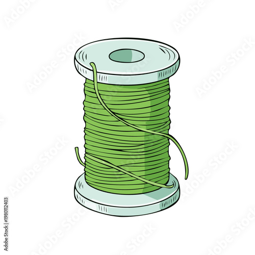 Green thread wound around a spool for sewing and crafting supplies
