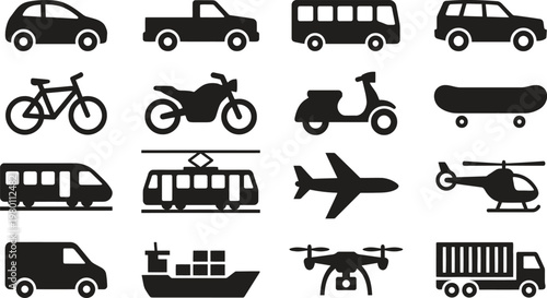 black transportation icons on white background