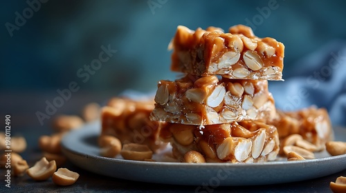 A stack of peanut brittle bars on a plate with scattered peanuts around