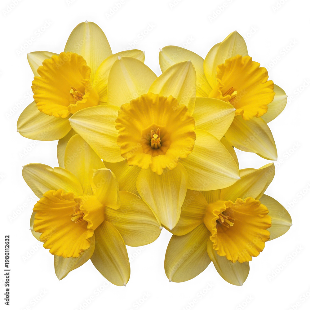 Obraz premium Bright yellow daffodils bouquet with green leaves isolated on transparent background
