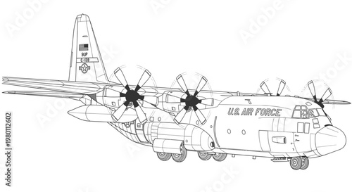 US Air Force C-130 Hercules military transport aircraft, line drawing vector illustration