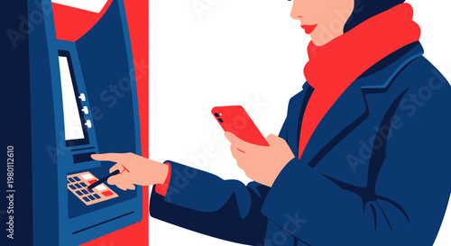 Woman using ATM with smartphone, banking transaction, modern finance concept