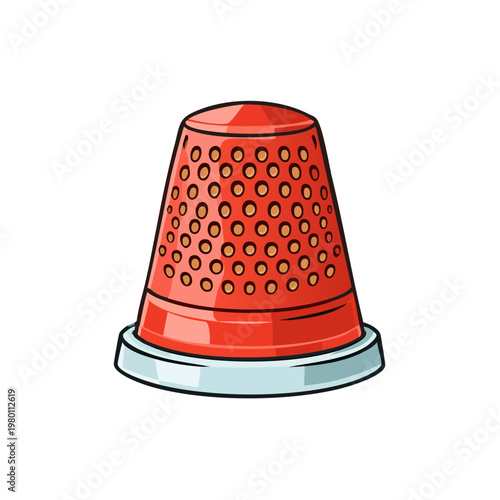 Red thimble with patterned holes and light blue base, cartoon style