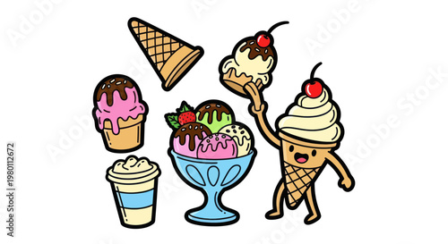 Cute Cartoon Ice Cream Collection: Cones, Sundae, Cup Dessert, Cherry Topping