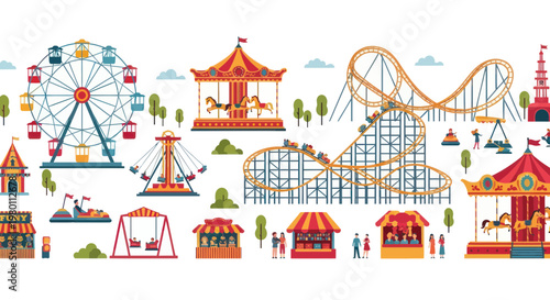 Colorful Amusement Park Scene with Rides and Attractions