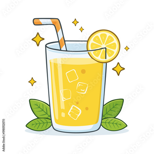Refreshing yellow citrus drink with ice and mint leaves garnished with lemon slice