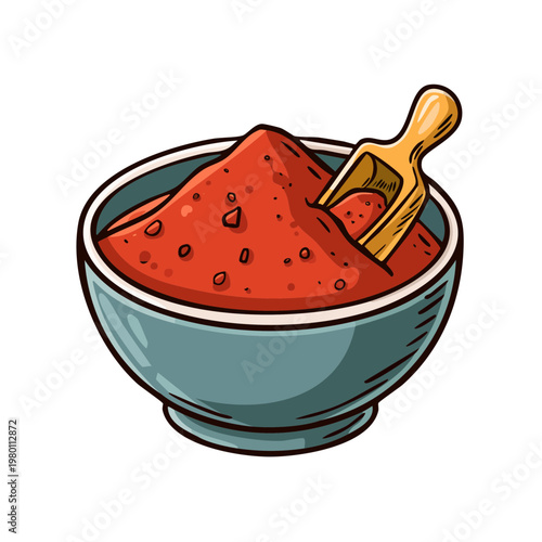 A wooden scoop rests in a teal bowl overflowing with vibrant red powder, suggesting spices or pigments