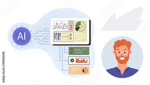 Artificial intelligence, machine learning, data analytics, technology insights, human machine interaction, innovation. A data analysis dashboard with charts and a man smiling nearby. Artificial