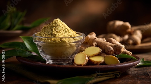 A glass bowl of turmeric powder with sliced ginger on a wooden plate
