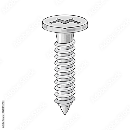 Metal screw with a pointed tip and a cross-shaped recess in its head for a screwdriver
