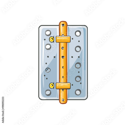 Illustration of a sliding bolt lock mechanism with a metallic plate and yellow hardware