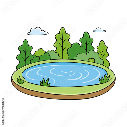 Cartoon pond surrounded by green trees and grass with fluffy clouds in the sky.