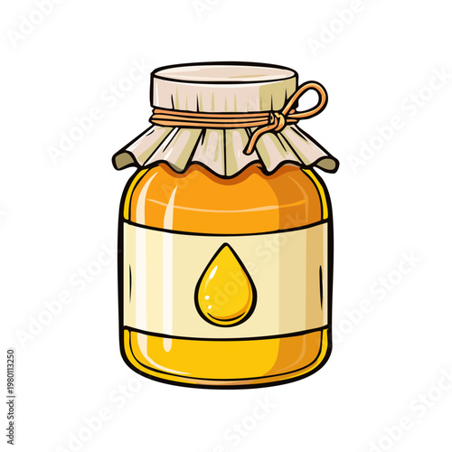 Jar of golden honey with label and cloth lid tied with twine