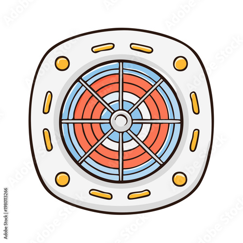 Circular retro futuristic porthole window with radiating fins and lights