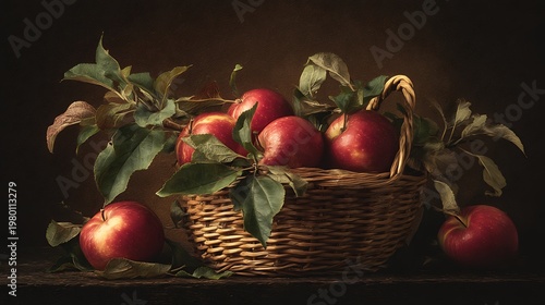 A wicker basket filled with fresh red apples and green leaves on a dark background