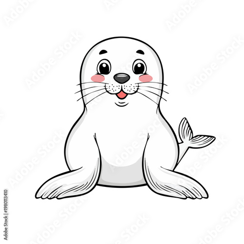 Cute cartoon white seal pup with rosy cheeks and big eyes smiling playfully