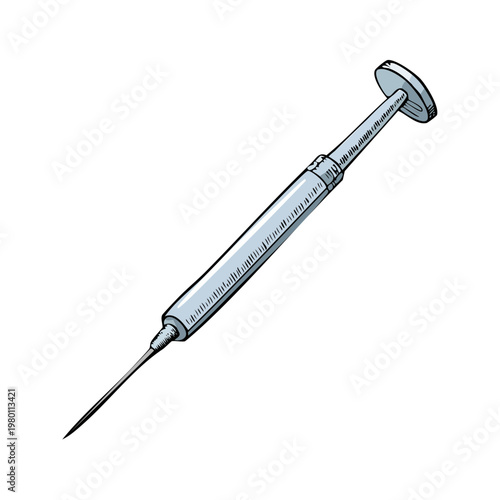 Drawing of a metal medical syringe with a needle pointing diagonally across a white background