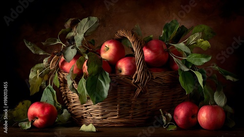 A wicker basket overflowing with vibrant red apples and lush green leaves on a dark background