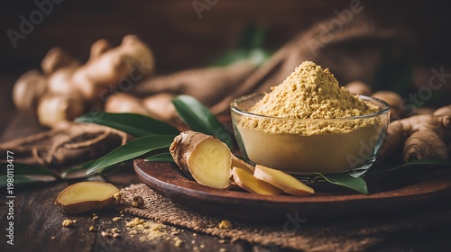 A bowl of ginger powder surrounded by fresh ginger roots and leaves on a wooden plate