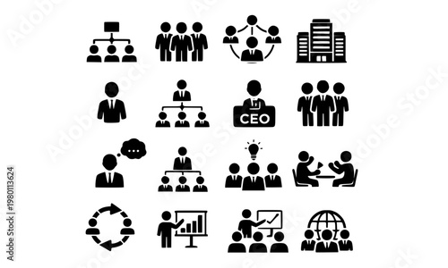 Set of business organization and team management icons featuring hierarchy, group, CEO, meeting, presentation, collaboration, network, and corporate structure symbols for professional and leadership d