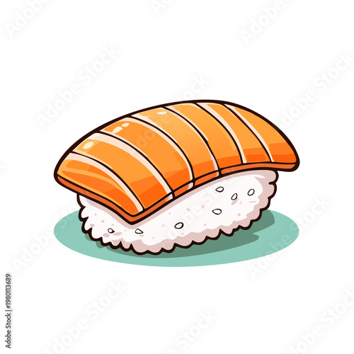 Hand drawn illustration of a single piece of salmon nigiri sushi with rice and green accent