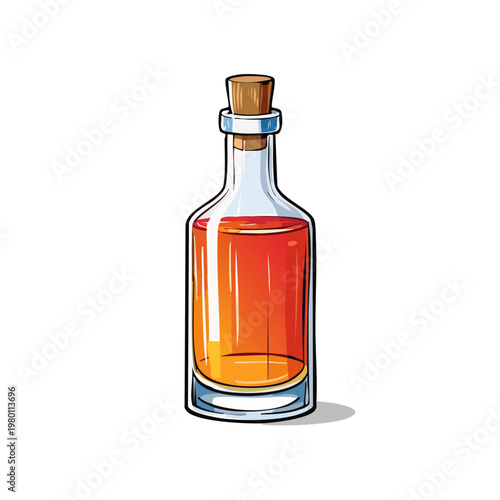 Glass bottle with cork stopper filled with amber liquid and creative illustration style