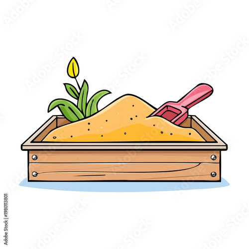 Sandbox with a Pink Shovel and a Single Yellow Tulip