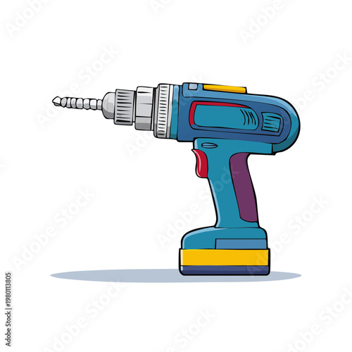 Illustration of a blue cordless power drill with a bit attached for construction and DIY projects